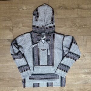 Senor Lopez Hoodie Adult Medium Gray Blue Baja Woven Mexican Poncho Surf Boho